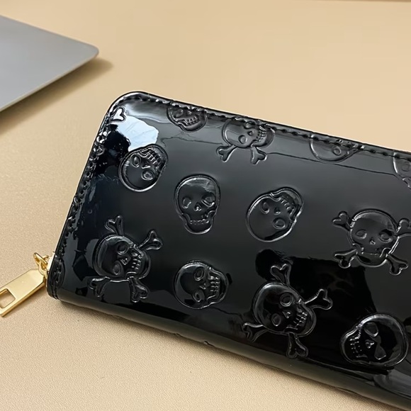 Black Skeleton Embossed Women's Long Wallet Shiny Faux Patent Leather NWT - Picture 5 of 6